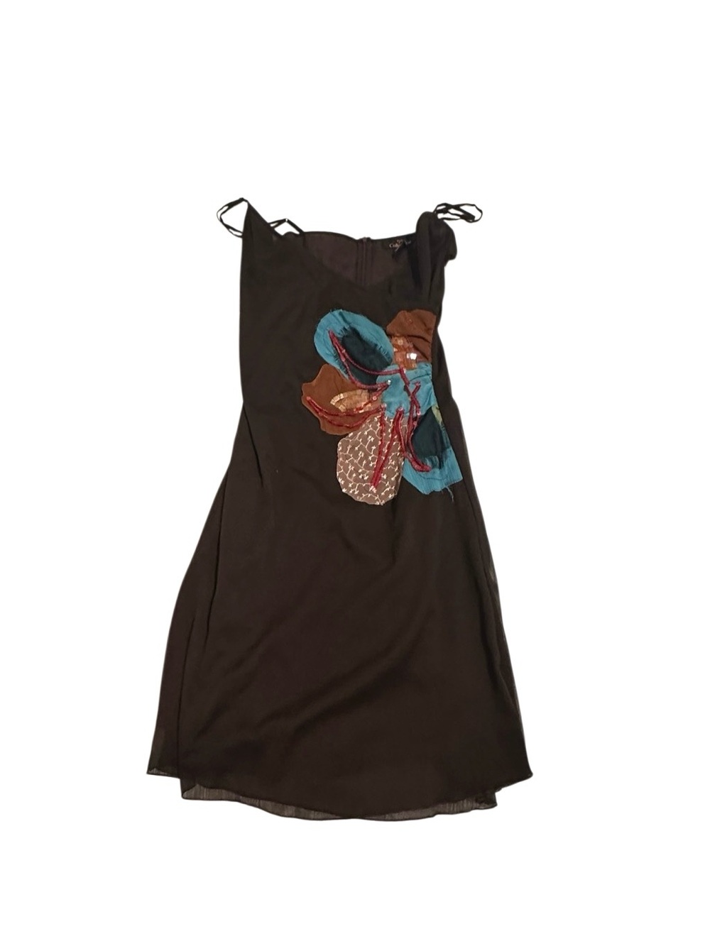 Black Mini Dress with Teal and Rust Floral Appliqué